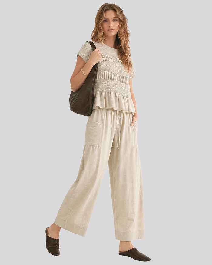 Cotton Smocked Top & Wide-Leg Pants Set with Pockets