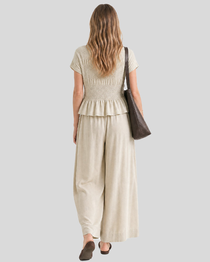 Cotton Smocked Top & Wide-Leg Pants Set with Pockets