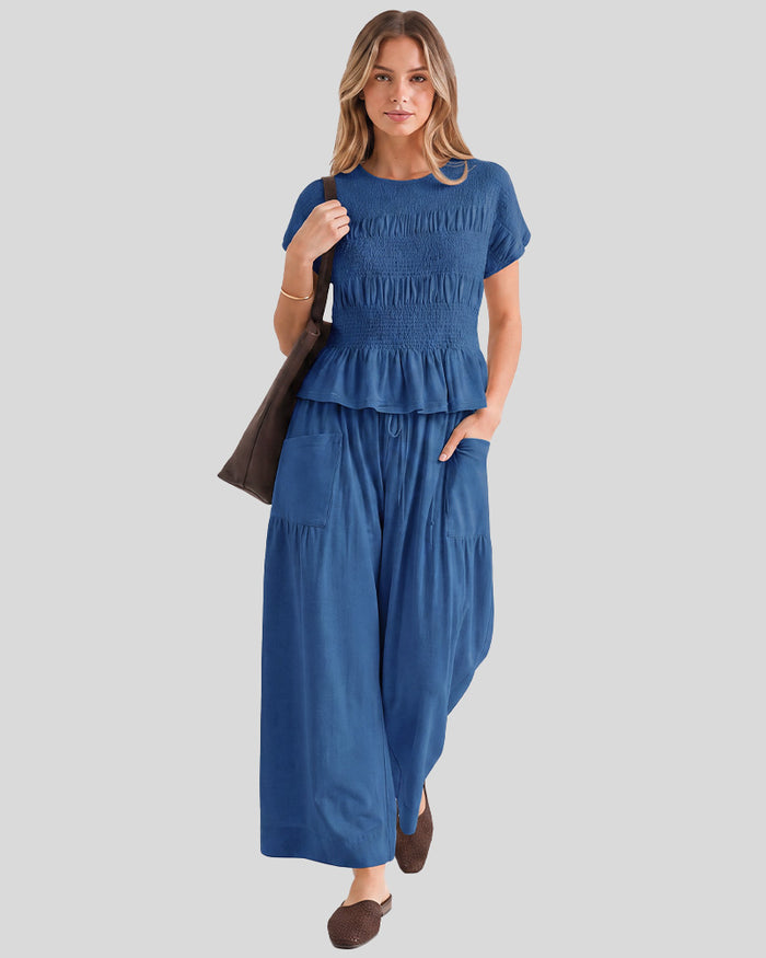Cotton Smocked Top & Wide-Leg Pants Set with Pockets