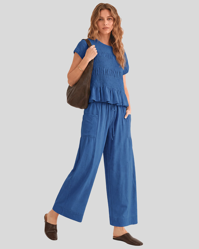 Cotton Smocked Top & Wide-Leg Pants Set with Pockets