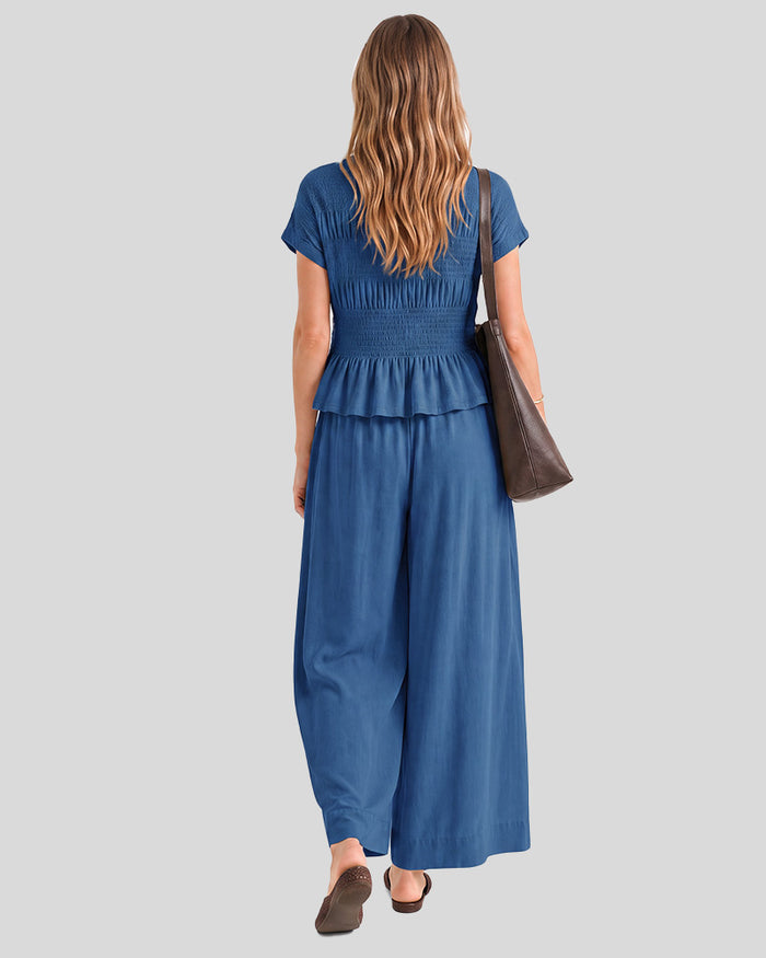 Cotton Smocked Top & Wide-Leg Pants Set with Pockets