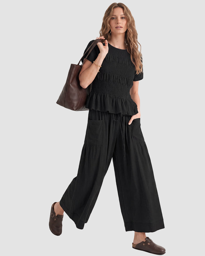 Cotton Smocked Top & Wide-Leg Pants Set with Pockets