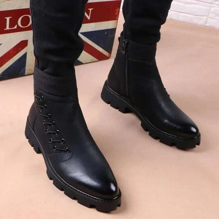 Cowboy platform leather boots - AntoniosClothing - Black with fur