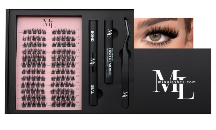 DIY Lash Extension Kit – Cluster Lashes with Bond & Seal, Lash Remover & Tweezers (Black Edition) by MinuLashes