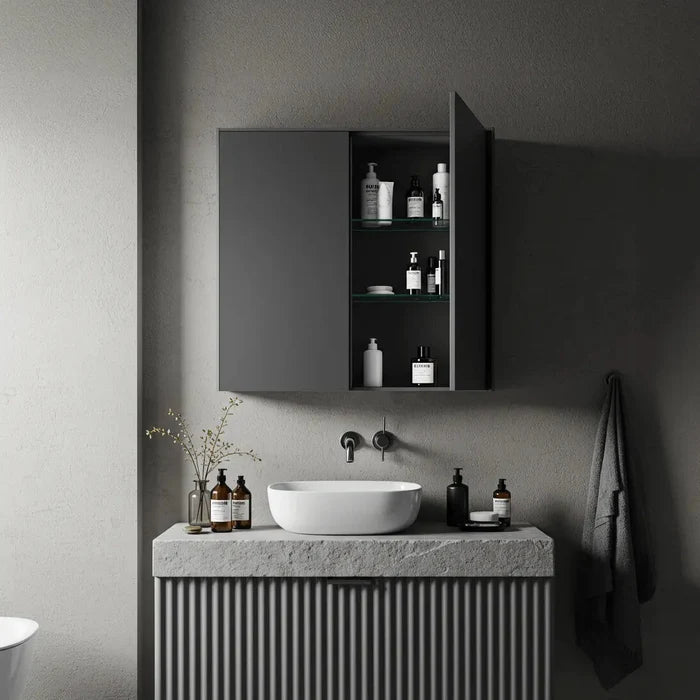Matte black double door bathroom mirror cabinet with LED strip light and open glass shelves with toiletries - Glazonoid
