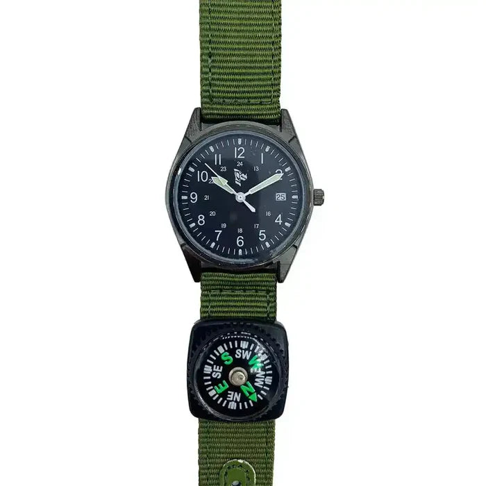 Dragon Tactical Watch with Compass featuring a black dial and green NATO strap, ideal for outdoor use. Includes adjustable crown and attached compass.  from  John Bull Clothing