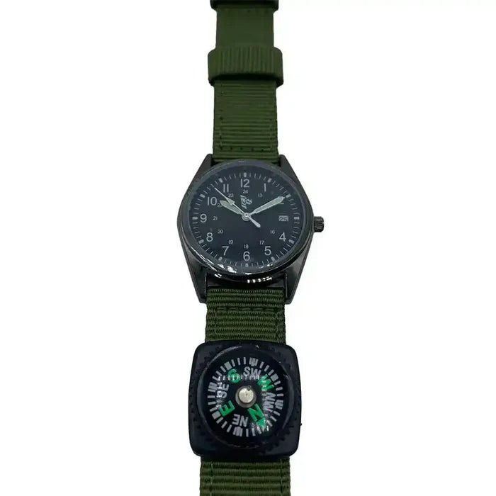 John Bull Clothing Dragon Tactical Watch with Compass shown at an angle, highlighting the durable green strap and clear analogue display.  from  John Bull Clothing