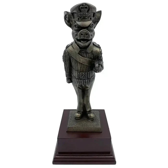 Drill Pig Sergeant Bronze Resin Statue in full military uniform on wooden base, ideal for army-themed home decor or collector's display.  from  John Bull Clothing