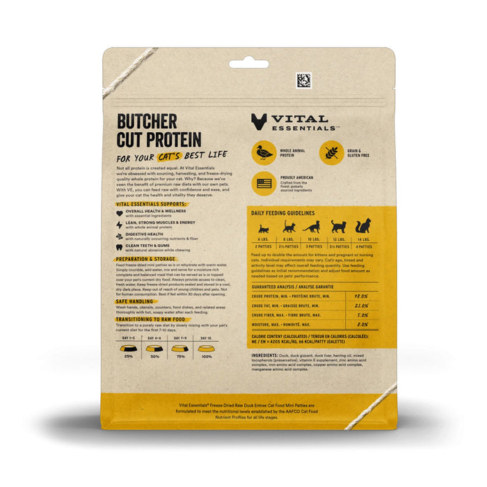 Duck Dinner Patties Freeze-Dried for Cats 8oz back of bag.