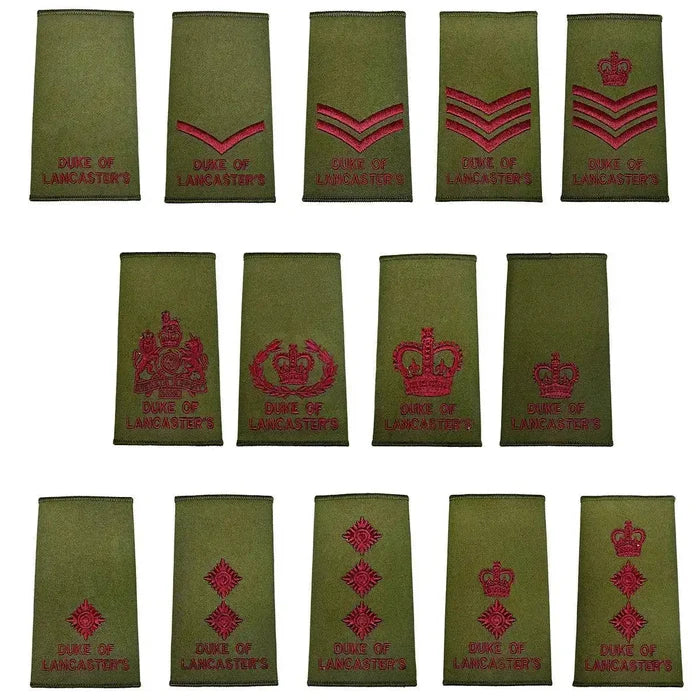 Full collection of Duke of Lancasters Rank Slides Olive Green with maroon embroidery, made to MoD specs, available at John Bulls.  from  John Bull Clothing