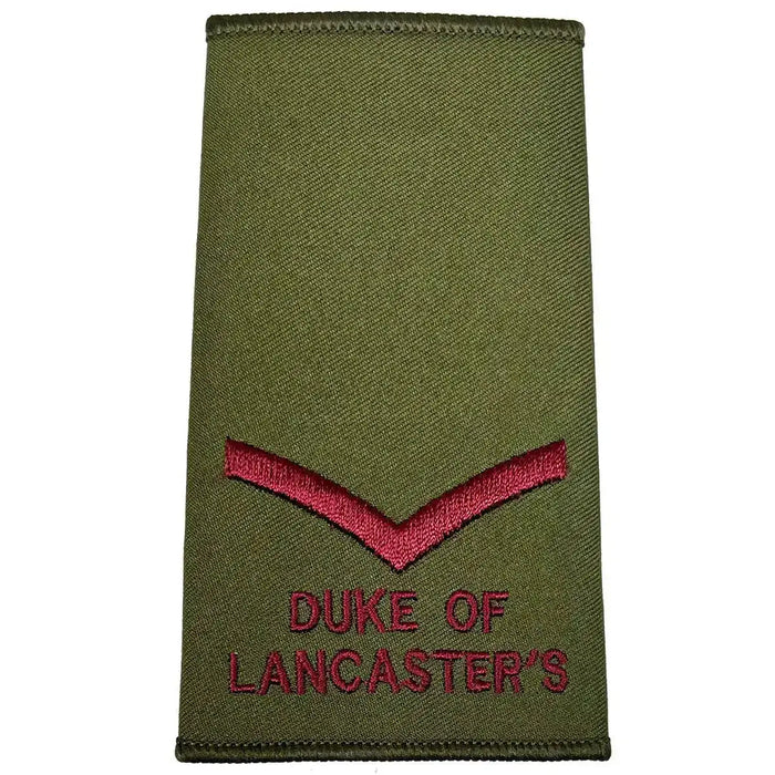 Duke of Lancasters Olive Green Rank Slide featuring single maroon chevron, ideal for military uniforms, available at John Bulls. Lance Corporal from  John Bull Clothing