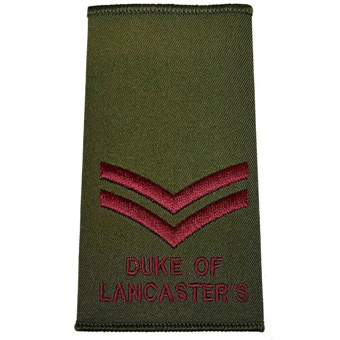 Olive Green Duke of Lancasters Rank Slide with two maroon chevrons, military-grade uniform accessory from John Bulls. Corporal from  John Bull Clothing