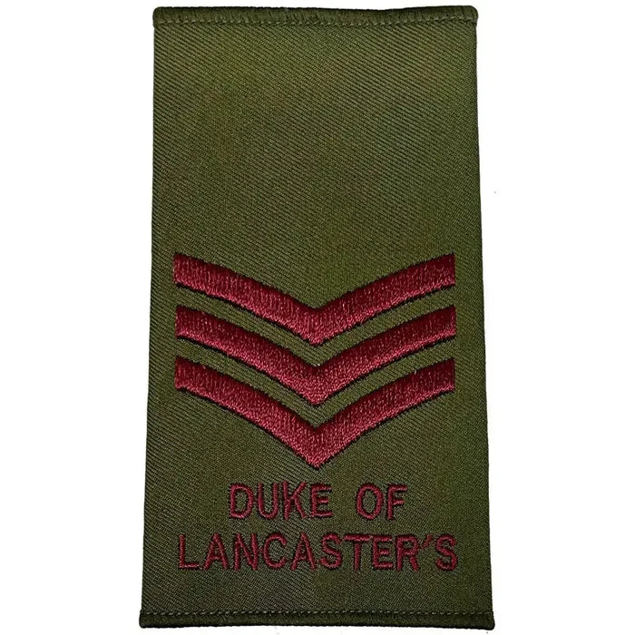 Three-chevron Duke of Lancasters Rank Slide in Olive Green with maroon embroidery, MoD spec military uniform gear. Sergeant from  John Bull Clothing
