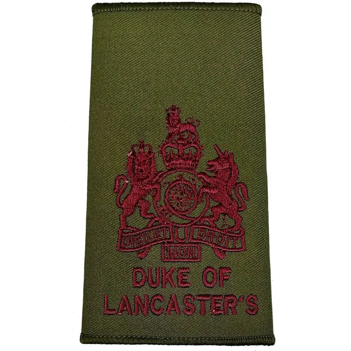 Olive Green Duke of Lancasters Rank Slide with maroon royal coat of arms embroidery, official military uniform accessory. WO1 from  John Bull Clothing