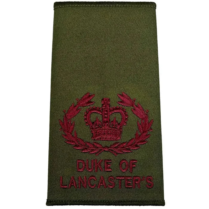 Duke of Lancasters Rank Slide in Olive Green with maroon laurel crown design, MoD standard military uniform accessory. WO2 RQMS - Crown & Laurel Wreath from  John Bull Clothing