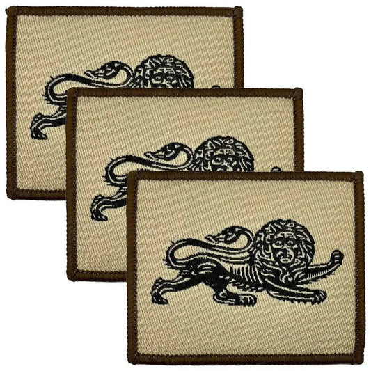 Set of three Duke of Lancasters TRF iron or sew on patches featuring black lion emblem on tan cotton fabric, ideal for military uniforms. 3 Pack from  John Bull Clothing