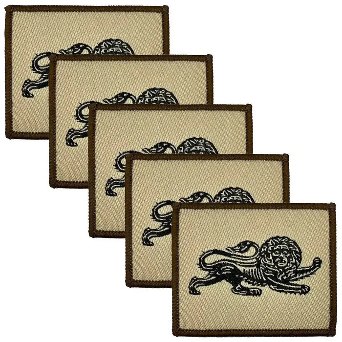 Pack of five Duke of Lancasters TRF iron-on patches with embroidered black lion on tan cotton, suitable for military uniform customization. 5 Pack from  John Bull Clothing