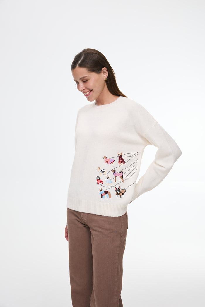 Embroidered scene crewneck, Cream