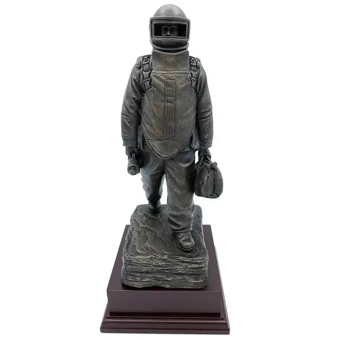 EOD Long Walk Bronze Resin Statue from John Bull Clothing showing a bomb disposal operator in full gear on a rosewood base, front view.  from  John Bull Clothing