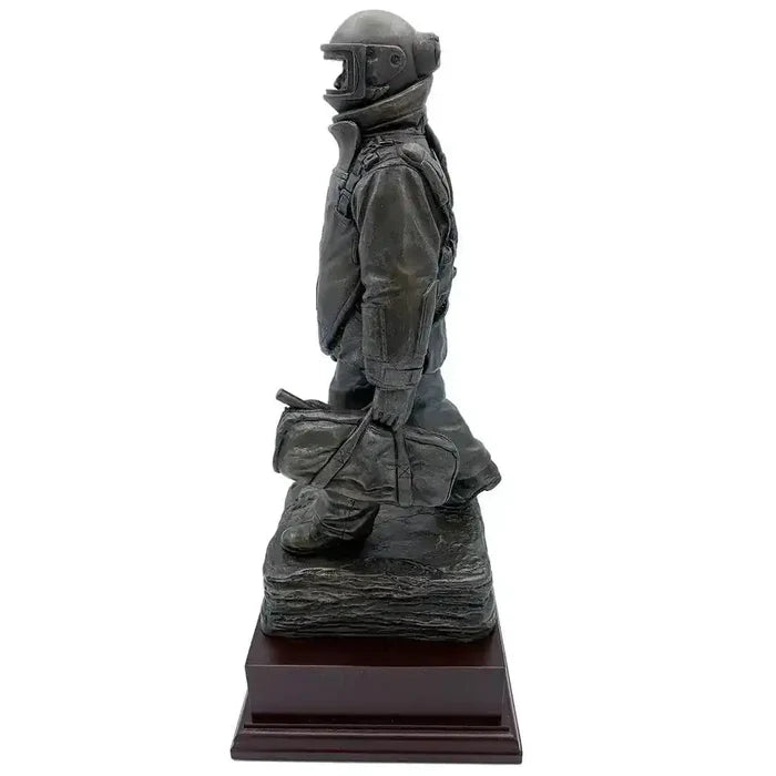 Side profile of EOD Long Walk Bronze Resin Statue depicting a detailed bomb technician mid-stride, mounted on a rosewood base.  from  John Bull Clothing