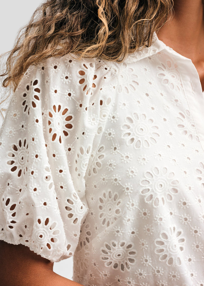 Eyelet Short Puff Sleeve Shirt Dress