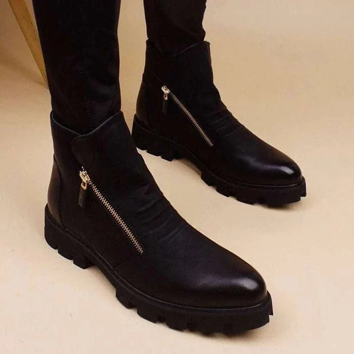 Fashion leather chelsea boots with zipper - AntoniosClothing - Black with fur
