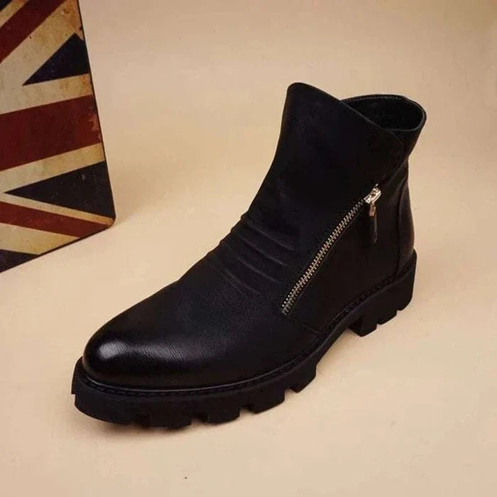 Fashion leather chelsea boots with zipper - AntoniosClothing - Black with fur