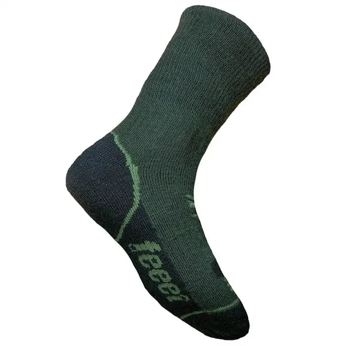 Side view of Feeet Hiker Merino Sock Olive, showing ergonomic fit and reinforced heel and toe for enhanced hiking support and ventilation.  from  John Bull Clothing