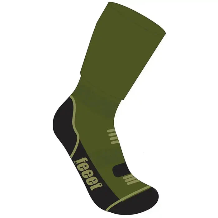 Illustration of Feeet Merino Hiker Sock in olive, highlighting technical zones for breathability, cushioning, and arch support in outdoor gear.  from  John Bull Clothing