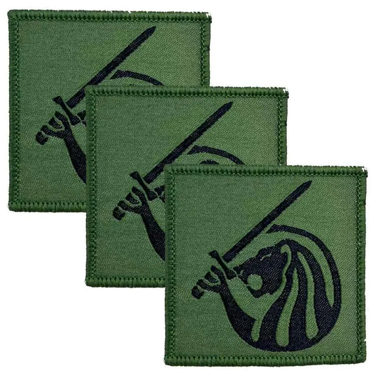 Set of three Field Army TRF Iron On Sewn on Patches from John Bull Clothing, featuring green fabric with black lion and sword emblem for military uniforms. 3 Pack from  John Bull Clothing