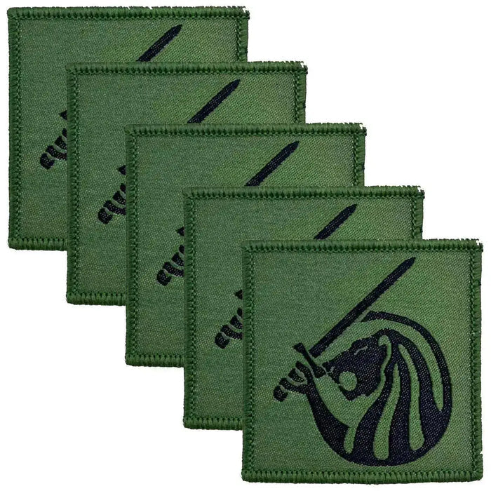 Pack of five Field Army TRF Iron On Sewn on Patches by John Bull Clothing, showcasing durable green patches with black lion and sword design for army gear. 5 Pack from  John Bull Clothing