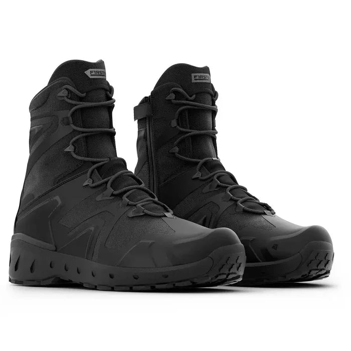 First Tactical Men's 8" Aero-Tac Side-Zip Black Boots shown in a front angled pair view, highlighting tactical design and durable construction.  from  John Bull Clothing