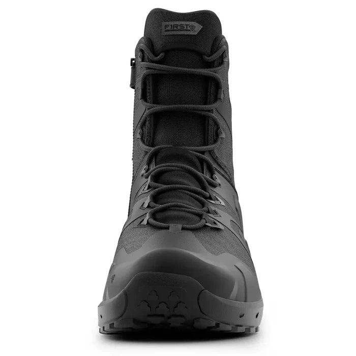 Front view of First Tactical Men's 8" Aero-Tac Side-Zip Black Boot showing lace-up closure and rugged toe protection for tactical performance.  from  John Bull Clothing