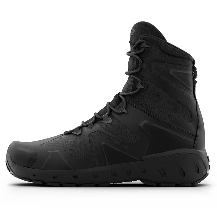Left side view of First Tactical Men's 8" Aero-Tac Side-Zip Black Boot emphasizing ergonomic design and breathable mesh panels for comfort.  from  John Bull Clothing