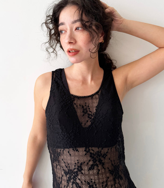 Floral Check Long Camisole | Black