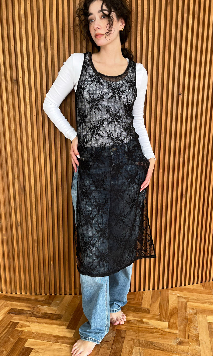 Floral Check Long Camisole | Black
