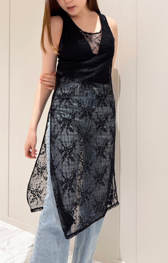 Floral Check Long Camisole | Black