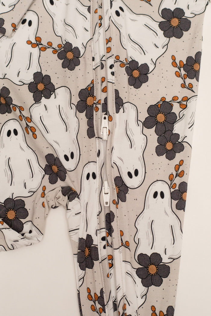 Floral Ghost Halloween Baby Bamboo Zipper Romper