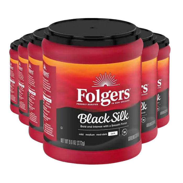 Folgers Black Silk Dark Roast Ground Coffee Bold & Smoky Flavor 9.6 oz - 6 Pack