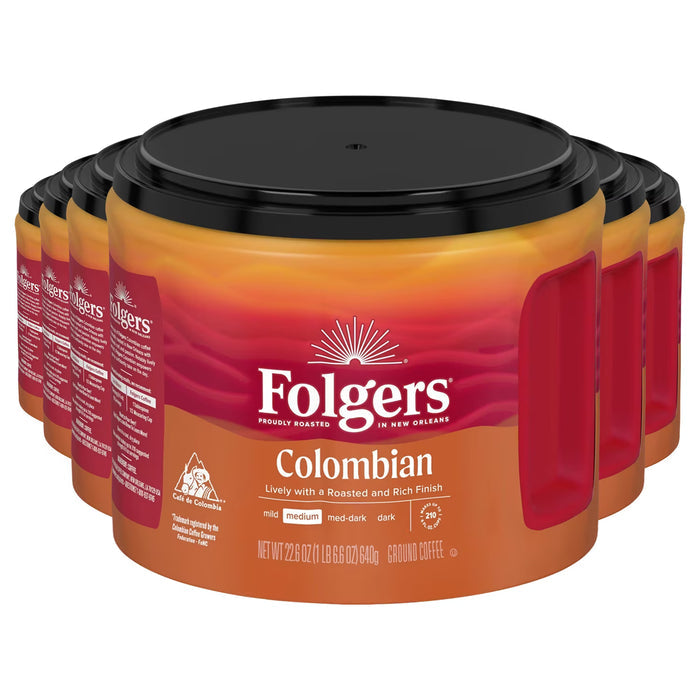 Folgers Colombian Medium Roast Ground Coffee Rich & Lively Unflavored 22.6 oz - 6 Pack