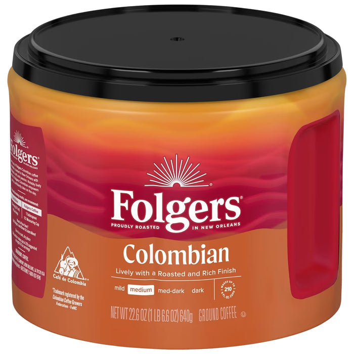Folgers Colombian Medium Roast Ground Coffee Rich & Lively Unflavored 22.6 oz - 6 Pack