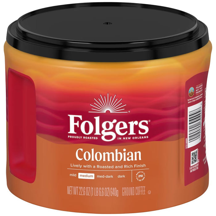 Folgers Colombian Medium Roast Ground Coffee Rich & Lively Unflavored 22.6 oz - 6 Pack