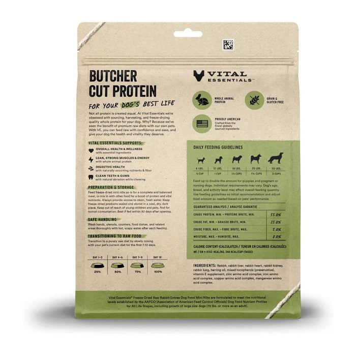 Freeze-Dried Raw Rabbit Mini Nibs Dog Food back of bag.