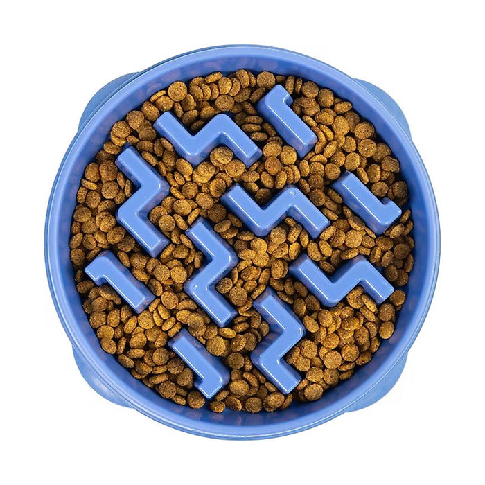Fun Feeder Slo Bowl Blue filled with kibble.
