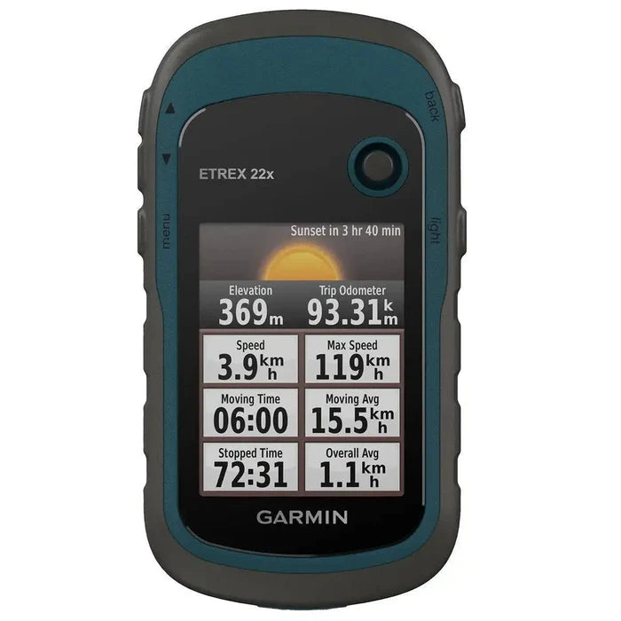 Garmin eTrex 22x GPS device with a sunlight-readable 2.2-inch color display, showing trip odometer, speed, and elevation data for outdoor navigation.  from  John Bull Clothing