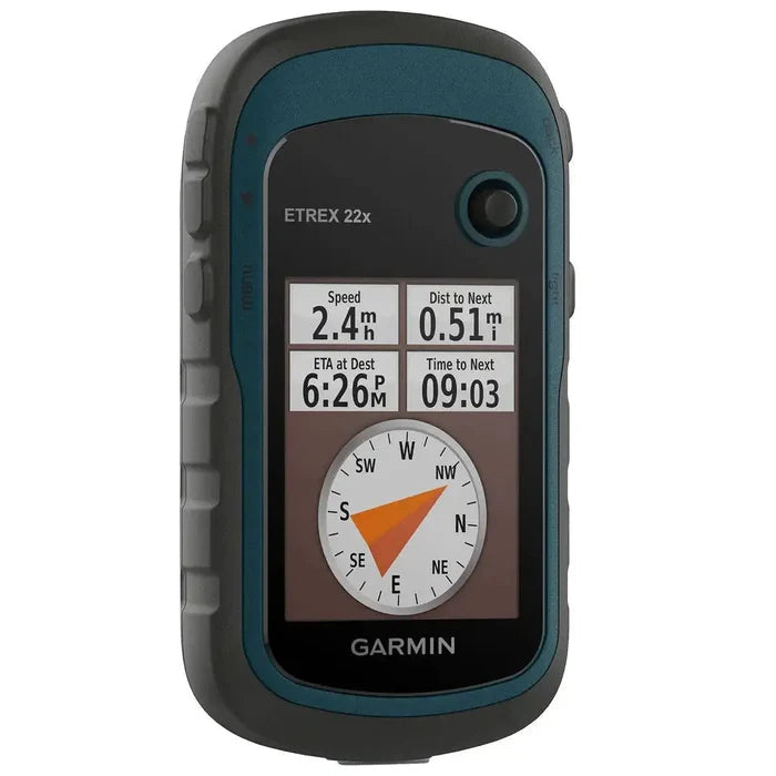 Garmin eTrex 22x handheld GPS device displaying a compass and trip data, designed for hikers, geocachers, and off-road explorers.  from  John Bull Clothing