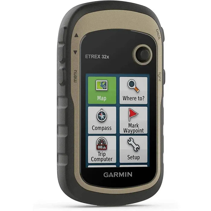Garmin eTrex 32x GPS handheld device with a 2.2-inch color display, featuring a user-friendly interface for navigation, waypoints, and trip planning.  from  John Bull Clothing
