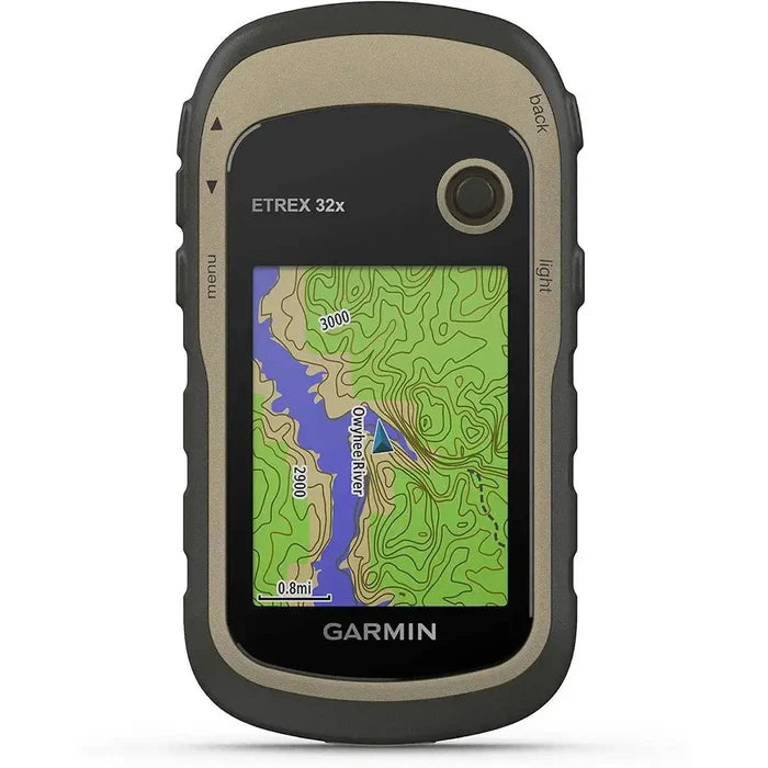Garmin eTrex 32x GPS handheld device displaying a topographic map with detailed terrain contours, ideal for hikers and outdoor adventurers.  from  John Bull Clothing