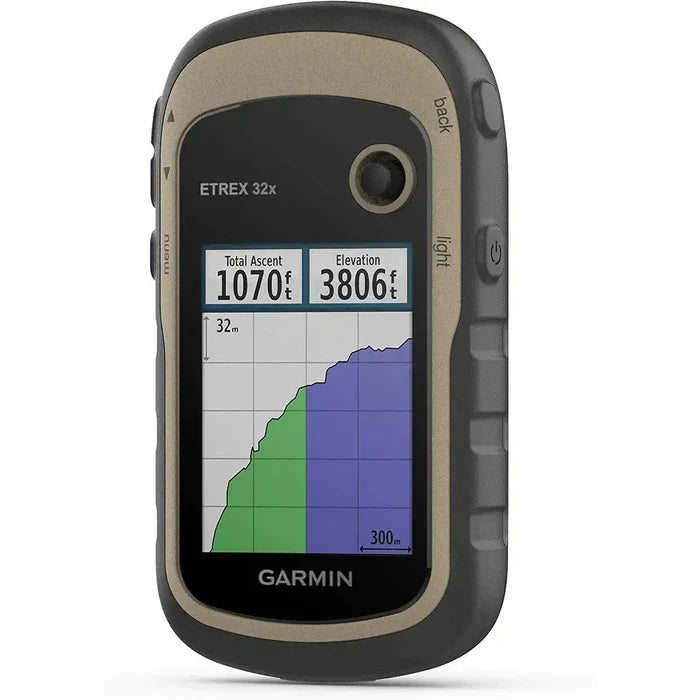 Garmin eTrex 32x GPS handheld device showing elevation and ascent data, perfect for tracking outdoor activities like hiking and biking.  from  John Bull Clothing