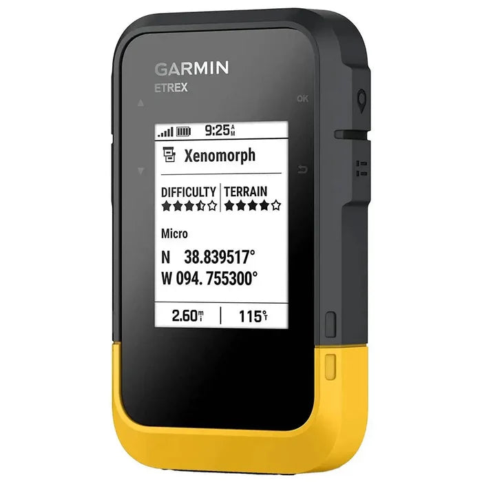 Garmin eTrex SE Handheld GPS Device with a rugged black and yellow design, displaying geocaching coordinates on its monochrome screen.  from  John Bull Clothing